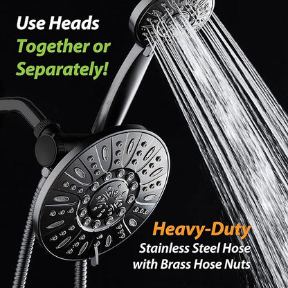 AquaDance 7" Premium High Pressure 3-way Rain & Handheld Shower Head Combo | Enjoy Dual 6-Setting Luxury Shower Heads Separately or Together for the Best of Both Worlds! Stainless Steel Hose - Black