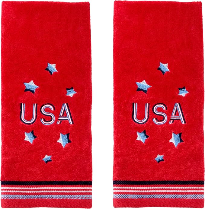 SKL Home USA Hand Towel Set-2pc, 100% Cotton, Embroidered, Red | Fun for Memorial Day, 4th of July, Labor Day & all patriotic holidays. For use in the bathroom, kitchen or bar.