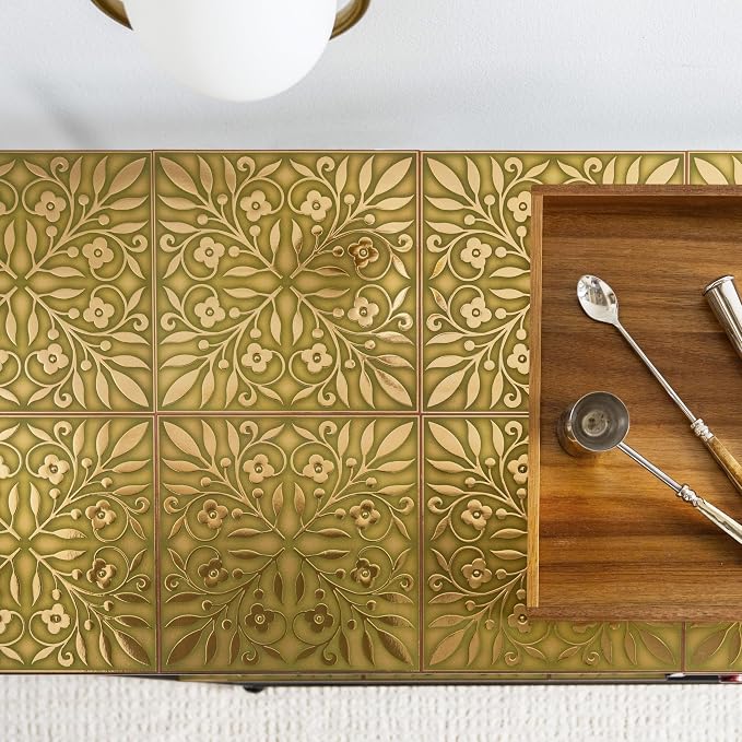 Main Street Peel and Stick Wallpaper Tiles, Gold & Green Leaves, 24-Pack | 8"x8" tiles, covers 10.67 sq ft. Peel-and-stick paper, no extra adhesive needed. Ideal for backsplashes & DIY projects.