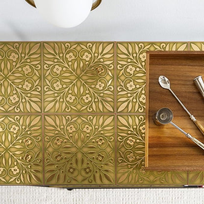 Main Street Peel and Stick Wallpaper Tiles, Gold & Green Leaves, 24-Pack | 8"x8" tiles, covers 10.67 sq ft. Peel-and-stick paper, no extra adhesive needed. Ideal for backsplashes & DIY projects.