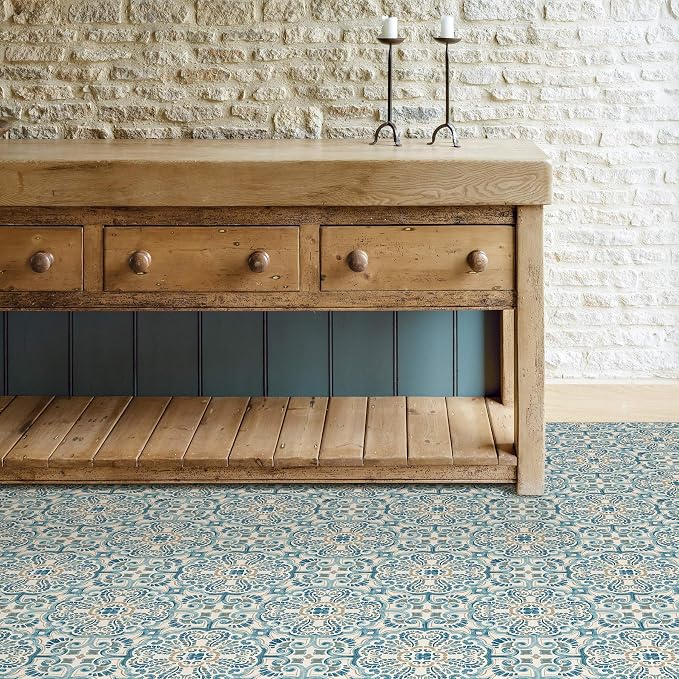 FloorPops FP2477 Fontaine Peel & Stick Floor Tiles, Blue (Pack of 6)