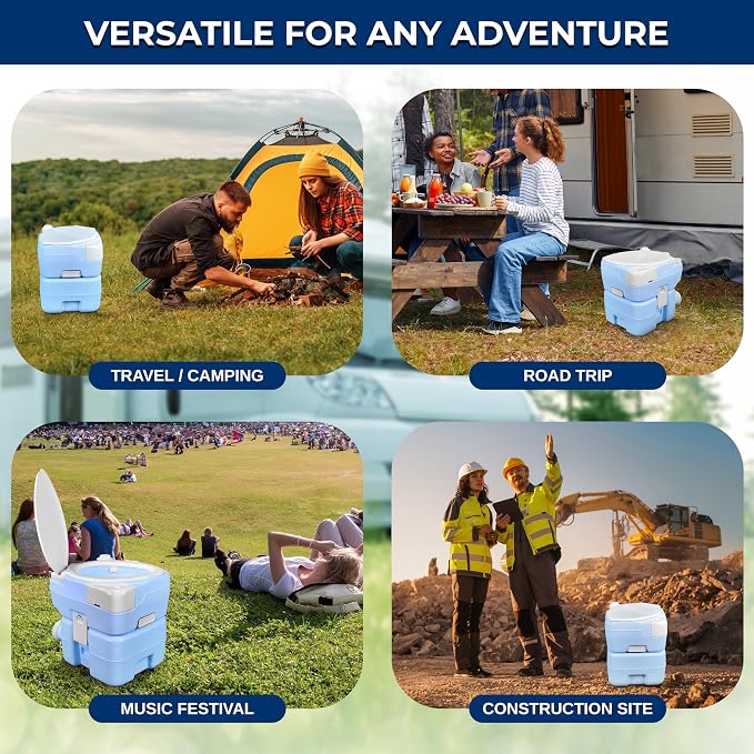 SereneLife 5.3 Gal Portable Toilet with Extra Large Seat, Moonwhite | 20L Waste Tank, 12L Fresh Water Capacity, 100+ flushes, hand sprayer & phone holder for camping, RVs, boating & emergency use