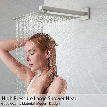 Rain Shower System High Pressure Shower Head 12 inch with Tub Spout,Wall Mounted Waterfall Bathroom Shower Faucet Sets Complete with Handheld Spray,Shower Valve and Trim kit,Brushed Nickel