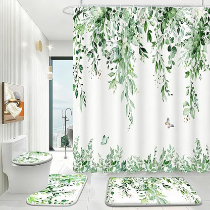 16 Pcs Sage Green Eucalyptus Shower Curtain Set with Rugs | Botanical Leaf Bath Curtains, Quick Absorbent Foam Mats, 120GSM Heavy-Weight Fabric Curtain with 12 Metal Hooks, 72x72 Inch