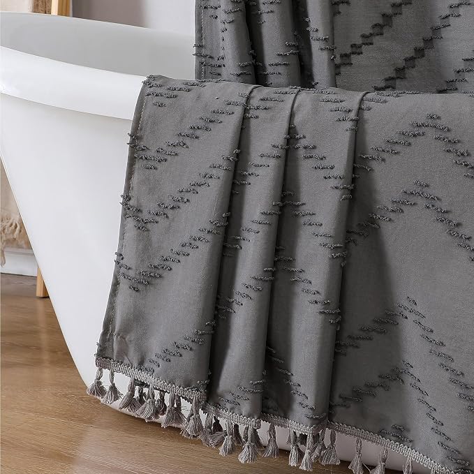 Boho Shower Curtain, Grey Fabric Cloth Shower Curtains Farmhouse Tufted Chevron Striped Textured with Tassel for Bathroom, Soft Hotel Style Modern Minimalist, Machine Washable, 72x72, Grey