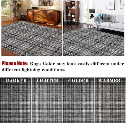 Washable Rugs 8x10 Rug for Living Room Soft Bedroom Rug Modern Plaid Black Large Area Rug Non Slip Throw Rugs Non Shedding Stain Resistant Carpet for Nursery Dining Room 8'x10' Black/Grey