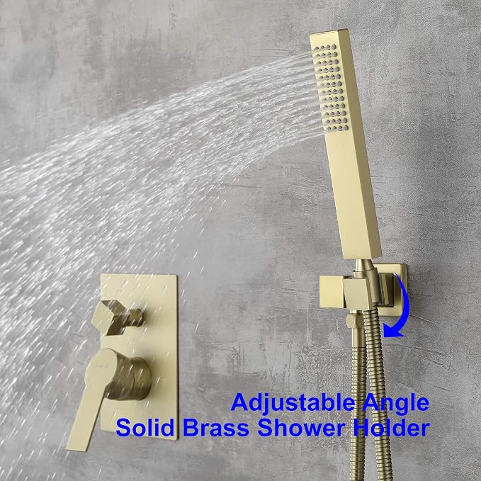 SHAMANDA Shower System with Waterfall Tub Spout and Handheld Shower Head, 12" Rain Shower Faucet Sets Complete with Shower Round-in Valve and Trim Wall Mount, Brushed Gold, L101-3