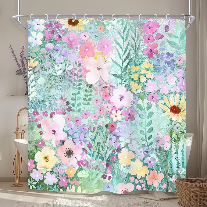 Teal Floral Cute Wildflower Watercolor Boho Art Bathroom Shower Curtain Set | 72"W x 72"H Leaves Botanical; waterproof HD print, quick-dry fabric with 12 hooks for easy hanging.