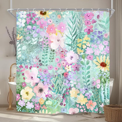 Teal Floral Cute Wildflower Watercolor Boho Art Bathroom Shower Curtain Set | 72"W x 72"H Leaves Botanical; waterproof HD print, quick-dry fabric with 12 hooks for easy hanging.