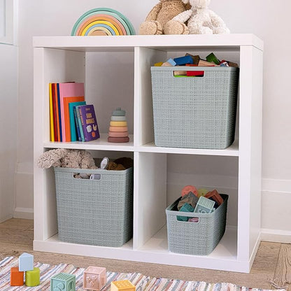 Curver Set of 8 Slim 6.8L Jute Decorative Plastic Organization and Storage Baskets - Perfect Bins for Home Office, Closet Shelves, Kitchen Pantry and All Bedroom Essentials, Grey