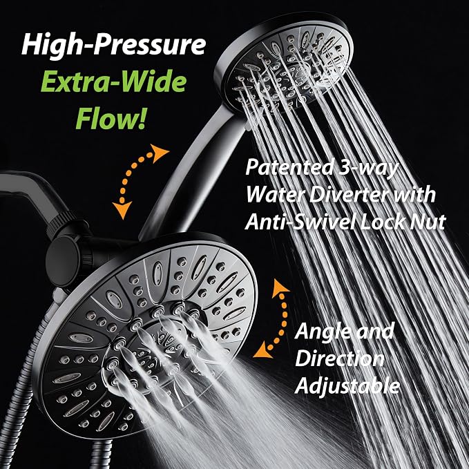 AquaDance 7" Premium High Pressure 3-way Rain & Handheld Shower Head Combo | Enjoy Dual 6-Setting Luxury Shower Heads Separately or Together for the Best of Both Worlds! Stainless Steel Hose - Black