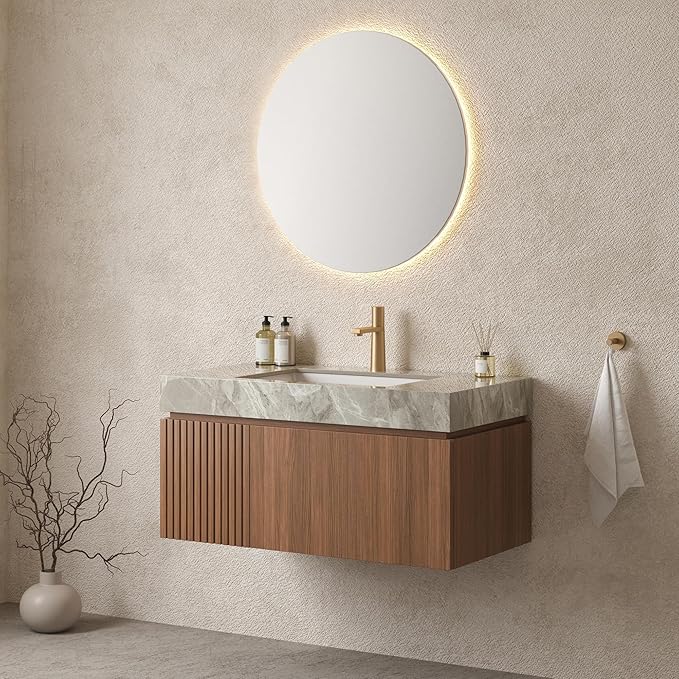 Bathroom Vanity with Sink 36 Inch, Floating Bathroom Vanity Sink Cabinet with Drawer and Door, Undermount Sink & Light Gray Sintered Stone Top, Pre-Assembled,Brown Oak