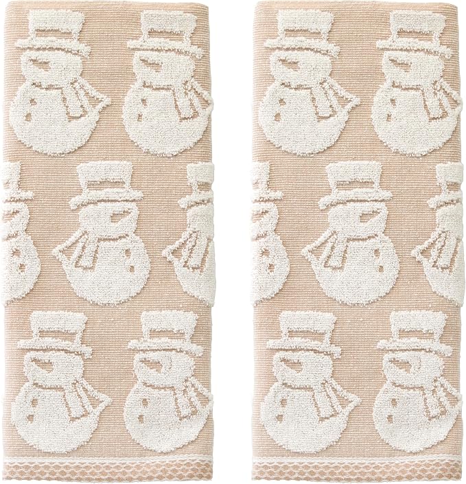 SKL Home Christmas/Winter Snowman Hand Towel Set-2pc, Jacquard, Tan | 100% Cotton. Soft, absorbent & reversible. Great for use in the bathroom, kitchen, or bar & gifting.