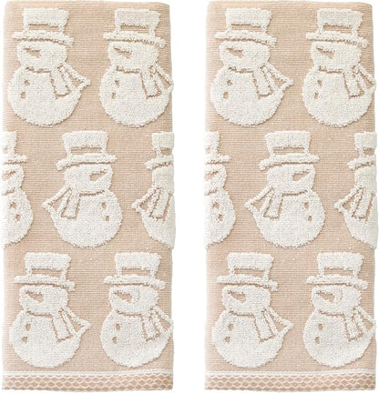 SKL Home Christmas/Winter Snowman Hand Towel Set-2pc, Jacquard, Tan | 100% Cotton. Soft, absorbent & reversible. Great for use in the bathroom, kitchen, or bar & gifting.