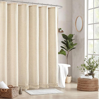 Linen Shower Curtain Boho Beige Shower Curtain with Tassels 72"W x 84"L | Thick linen-poly blend, soft textured drape, handcrafted fringe, neutral rustic farmhouse bathroom decor