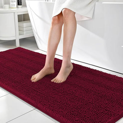 OLANLY Thick Bathroom Runner Rugs 70x24, Soft Chenille Bath Rugs, Burgundy | Absorbent Striped, Rubber Backing, Machine Wash, Long Bath Mats for Bathroom Floor, Tub and Shower, Home Decor Accessories