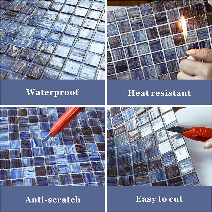 Glass Mosaic Tile Backsplash, 12” x 12” Mesh-Mounted Dark Blue Glass Wall Tile for Kitchen Bathroom Swimming Pool (8 Sheets, 8 sq.ft)