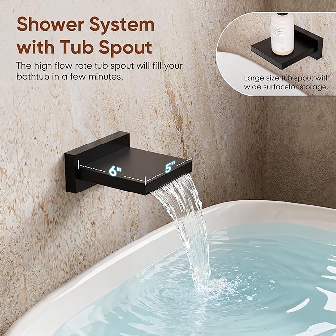 Shower System with Tub Spout, All Metal Matte Black Shower Faucet Set with Valve, 10'' Rain Shower Head with Handheld Spray, 59'' Shower Hose and Diverter, Wall Mounted Bath Tub Faucet Set
