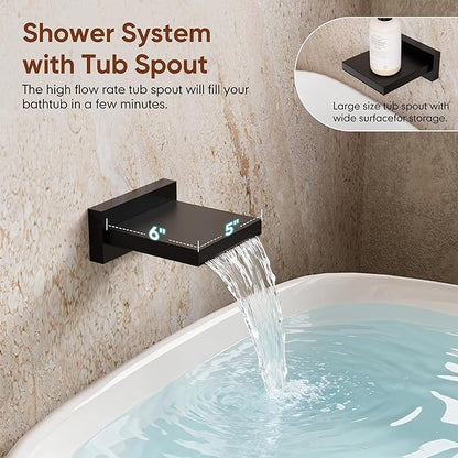 Shower System with Tub Spout, All Metal Matte Black Shower Faucet Set with Valve, 10'' Rain Shower Head with Handheld Spray, 59'' Shower Hose and Diverter, Wall Mounted Bath Tub Faucet Set