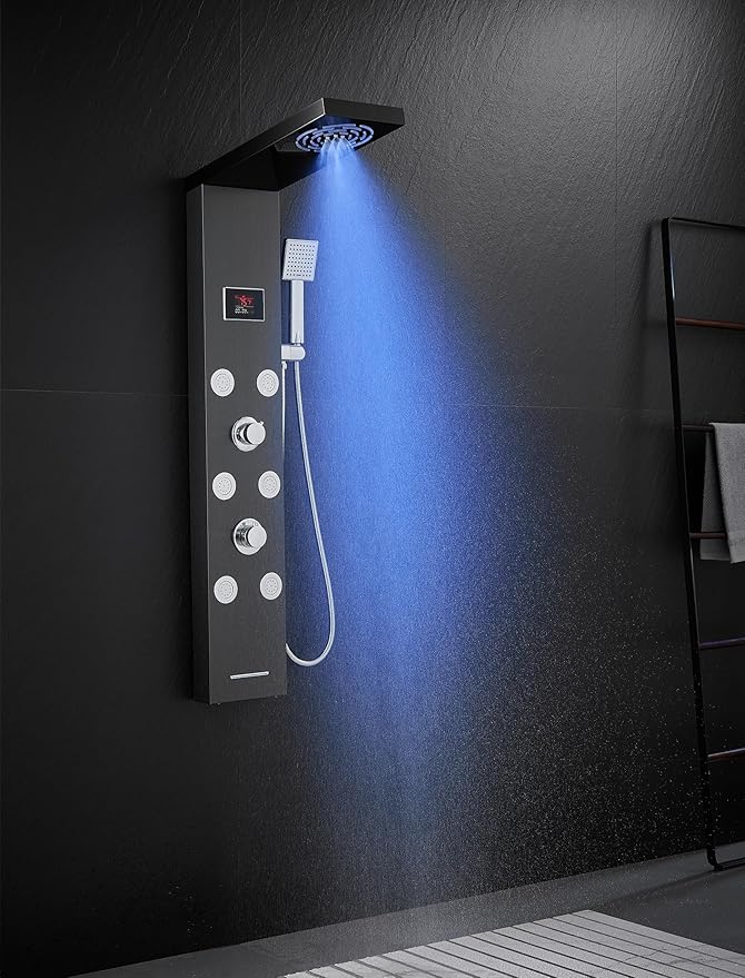 LED Rainfall Shower Tower System, Stainless Steel Hydroelectric Shower Panel Tower System (No battery need) with 6 Pcs Body Jets, Black