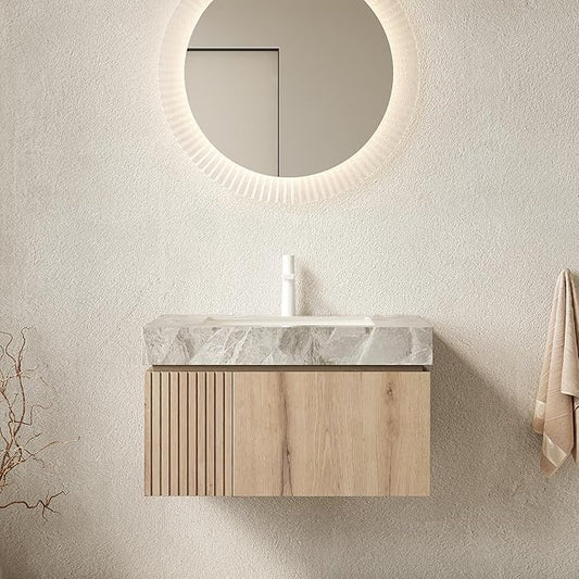 Ambrovina 30" Floating Bathroom Vanity with Sink, Modern Plywood Bathroom Storage Cabinet with Drawer and Door, Gray Sintered Stone Countertop and White Ceramic Basin, Pre-Assembled, Light Oak