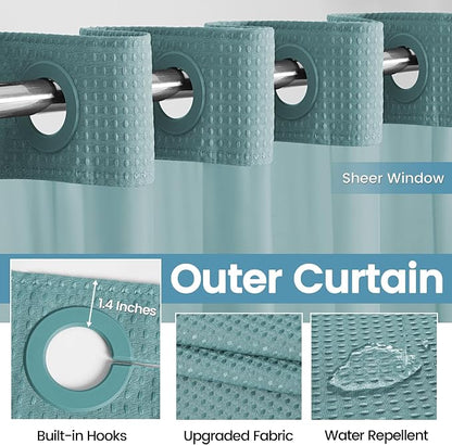 EUTXL Heavyweight Waffle No Hook Shower Curtain with Liner, Teal, 71x74 | Snap in Liner, 256GSM, Thick, Hotel Luxury Spa, Waterproof Fabric, Corner Magnets, 3 in 1 Set, Washable, Hang in Seconds
