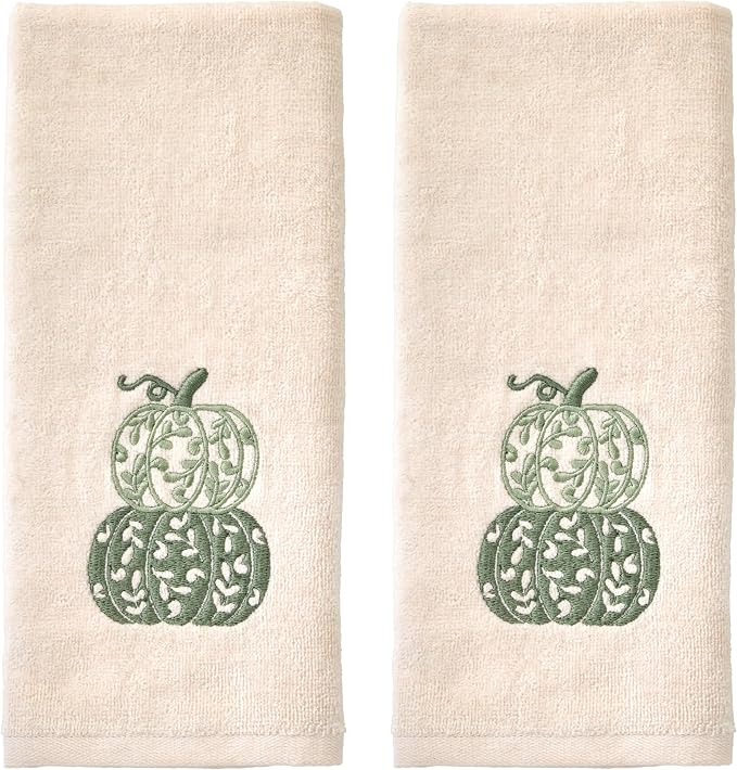SKL Home Fall/Thanksgiving Scroll Pumpkin Hand Towel Set-2pc, Natural | 100% Cotton. Soft, embroidered velour. Great for use in the bathroom, kitchen or bar. Fun for Friendsgiving & gifting.