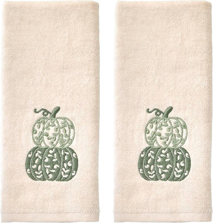 SKL Home Fall/Thanksgiving Scroll Pumpkin Hand Towel Set-2pc, Natural | 100% Cotton. Soft, embroidered velour. Great for use in the bathroom, kitchen or bar. Fun for Friendsgiving & gifting.