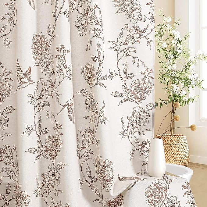 MitoVilla Brown Farmhouse Shower Curtain Set, Cotton Floral Hummingbird Cottagecore Spring Shower Curtains for Bathroom, Modern Country Bathroom Décor, 72" W x 72" L
