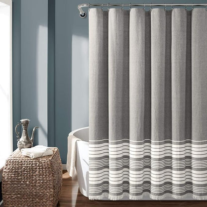 Lush Decor Nantucket Yarn Dyed Cotton Blend Tassel Fringe Shower Curtain Single 72" W x 72" L Gray - Gray Shower Curtains for Bathroom Curtain