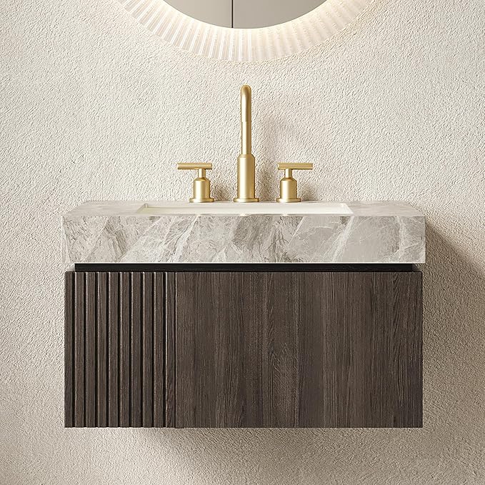 30” Floating Bathroom Vanity with Sink, Wall-Mounted Cabinet with Drawer & Doors, Gray Travertine-Pattern Sintered Stone Top, Undermount Basin, 3 Faucet Hole, Soft-Close, Pre-Assembled, Dark Oak
