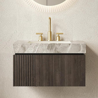 30” Floating Bathroom Vanity with Sink, Wall-Mounted Cabinet with Drawer & Doors, Gray Travertine-Pattern Sintered Stone Top, Undermount Basin, 3 Faucet Hole, Soft-Close, Pre-Assembled, Dark Oak