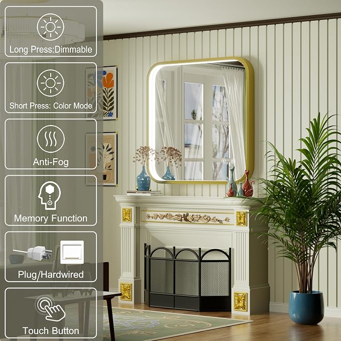 30"x30" Gold LED Bathroom Mirror with Lights,3000K/4500K/6000K | Stepless Dimmable, Anti-Fog, Memory Function, Aluminum Frame Wall Mount Lighted Vanity Mirror, ETL Listed, IP54 Waterproof