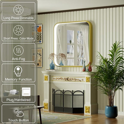 30"x30" Gold LED Bathroom Mirror with Lights,3000K/4500K/6000K | Stepless Dimmable, Anti-Fog, Memory Function, Aluminum Frame Wall Mount Lighted Vanity Mirror, ETL Listed, IP54 Waterproof