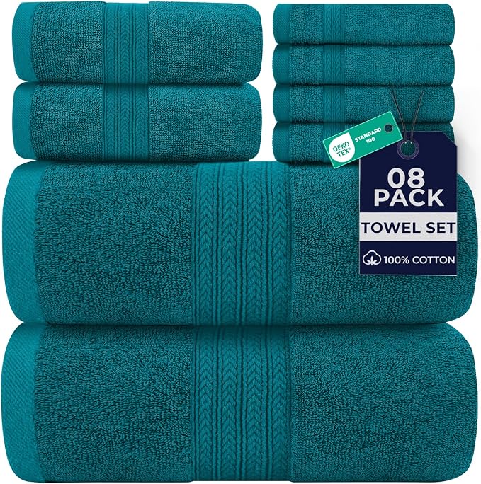 DAN RIVER 8 Piece Luxury Bath Towels for Bathroom, Towel Set, Teal | 2 Bath towels, 2 Hand towels, and 4 Wash Cloths, 600 GSM 100% Ring Spun Cotton, Highly Absorbent, Gym, Hotel, guest, and Spa