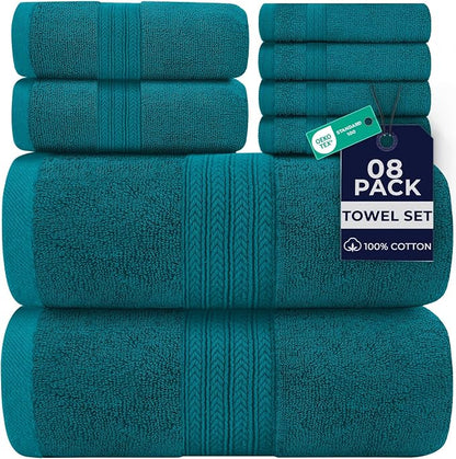 DAN RIVER 8 Piece Luxury Bath Towels for Bathroom, Towel Set, Teal | 2 Bath towels, 2 Hand towels, and 4 Wash Cloths, 600 GSM 100% Ring Spun Cotton, Highly Absorbent, Gym, Hotel, guest, and Spa
