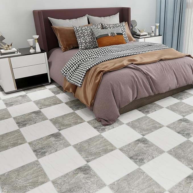 Lareko 20Sq.Ft Marble Peel and Stick Vinyl Floor Tiles,20 Tiles - 12" x 12",Waterfproof and Self Adhesive Vinyl Sticker Tiles,Laminate Flooring for for Kichen, Bathroom,Dining Room(WhiteX Grey)