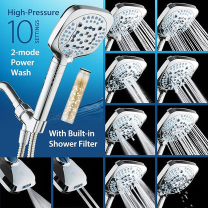 AquaCare 4X 10-Mode High Pressure Hand Shower w/Filter & 2-mode Power Wash | Filters Chlorine & Toxins, Softens Hard Water for Healthy Skin & Hair. Handheld Power Head Cleans Tub, Tile & Pets / Chrome