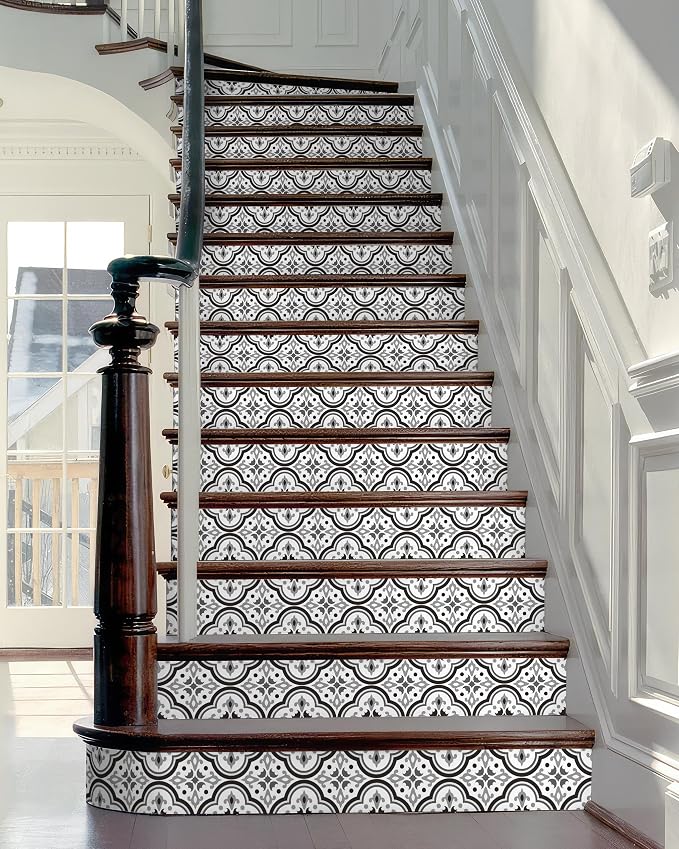 FLFK Stair Riser Decals,Black Patterns Vinyl Sticker for Stairs Decoration,14Pcs 39.3"X7.08"