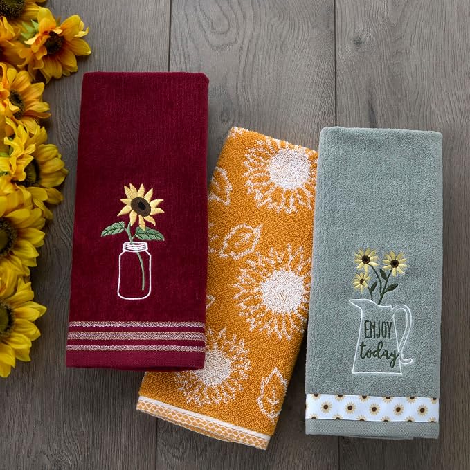 SKL Home by Saturday Knight Ltd. Sunflower In Jar 2 Pc Hand Towel Set, Wine | 100% Cotton. Soft, decorative velour. For use in the bathroom, kitchen or bar & makes a great gift.