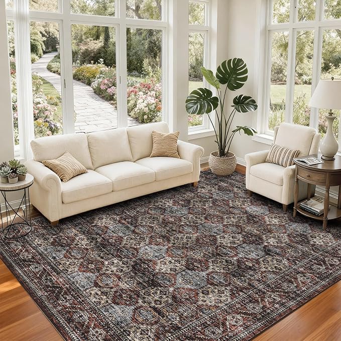 Vintage Floral Rugs 10x13, Washable Soft Non Slip Area Rug for Living Room Bedroom, Low Pile Ultra Thin Retro Accent Floor Carpet for Dining Room Office Playroom, Vintage Red