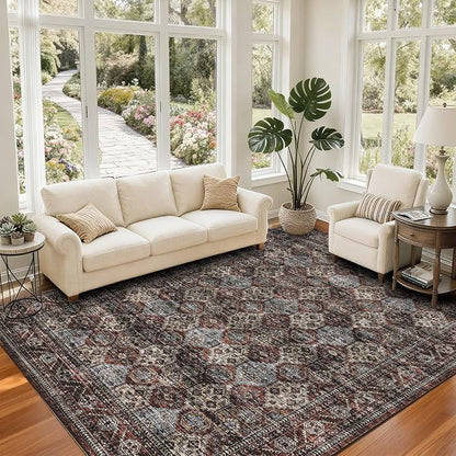 Vintage Floral Rugs 10x13, Washable Soft Non Slip Area Rug for Living Room Bedroom, Low Pile Ultra Thin Retro Accent Floor Carpet for Dining Room Office Playroom, Vintage Red