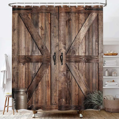 Rustic Barn Door Shower Curtain Set for Bathroom, Farmhouse Western Bathroom Decor Curtains, Vintage Countryside Brown Wood Board Waterproof Fabric Bath Curtains with Hooks 70 x72 inch