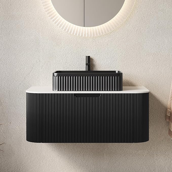 Yayzy 36" Floating Bathroom Vanity with Sink, Solid Wood Fluted Cabinet, Black Fluted Square Ceramic Basin & Faux Marble Top, Soft-Close Drawer, Pre-Assembled, Gloss Black