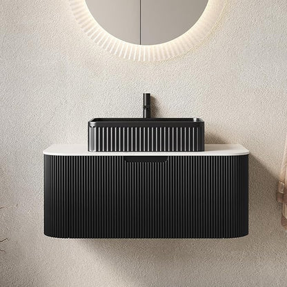 Yayzy 36" Floating Bathroom Vanity with Sink, Solid Wood Fluted Cabinet, Black Fluted Square Ceramic Basin & Faux Marble Top, Soft-Close Drawer, Pre-Assembled, Gloss Black