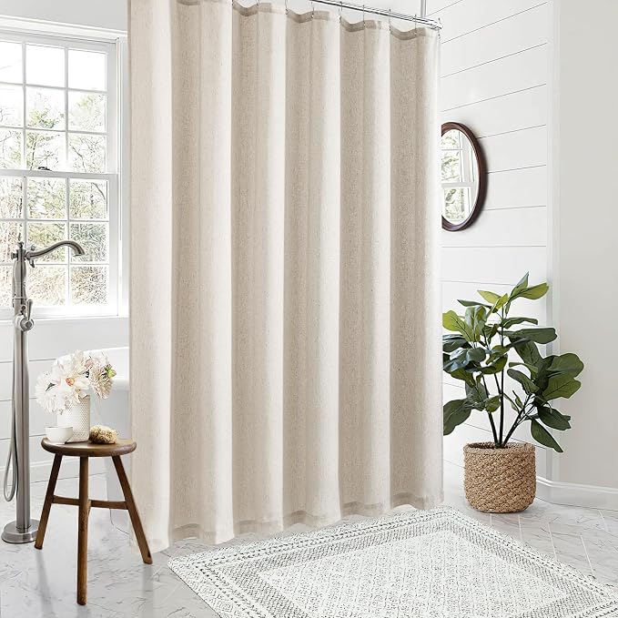 Oatmeal Linen Shower Curtain for Bathroom Water Repellent 72x96 Inch | Extra Long, Natural Beige Tan Taupe Greyish Beige, Shower Curtain 96 Length, Country Boho Farmhouse Drapes, with Hooks