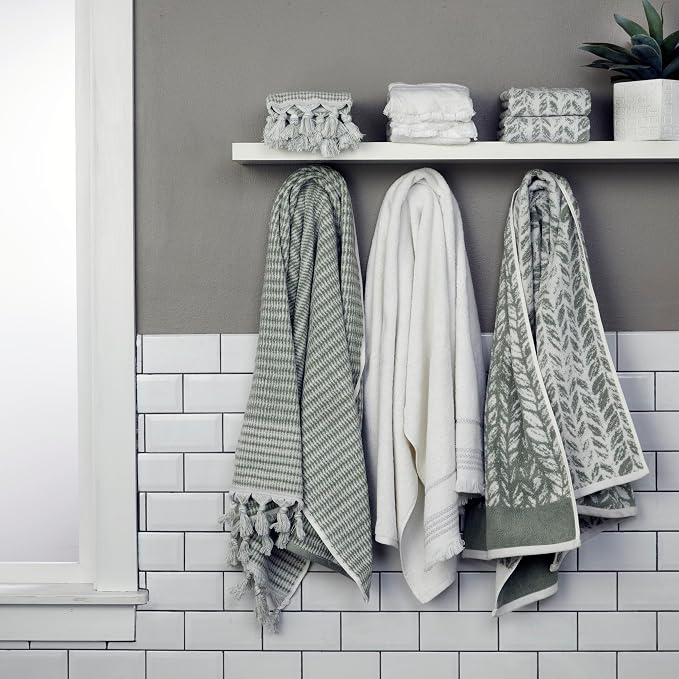 SKL Home Distressed Leaves Bath Towel, 100% Turkish Cotton, Sage | 600 GSM weight. Spa-level quality. Soft, & absorbent, reversible jacquard.