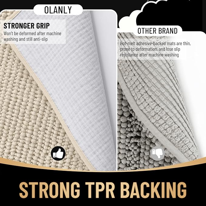 OLANLY Thick Chenille Large Bathroom Rugs 40x32, Absorbent Bath Mat, Sand | Soft Bath Rugs, Rubber Backing, Machine Wash Dry, Bath Mats for Bathroom, Tub and Shower, Home Decor Accessories