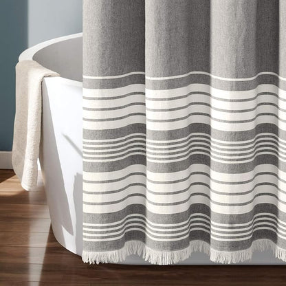 Lush Decor Nantucket Yarn Dyed Cotton Blend Tassel Fringe Shower Curtain Single 72" W x 72" L Gray - Gray Shower Curtains for Bathroom Curtain