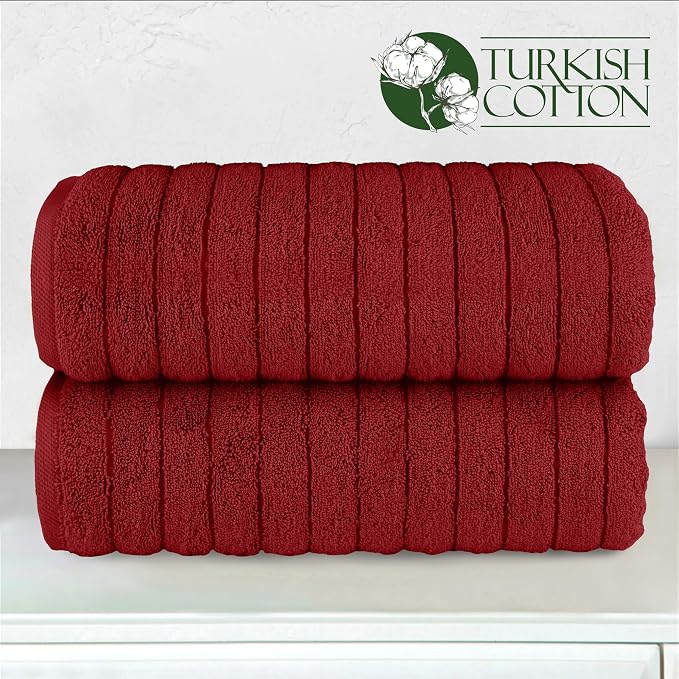 Elegant Comfort 100% Turkish Cotton Corduroy Ribbed Luxury Soft 2 Pack Bath Towels 27 x 54 Inch - Ultra Plush, Absorbent, Quick Dry, Hotel Spa Quality Towels for Bathroom Essentials, Burgundy